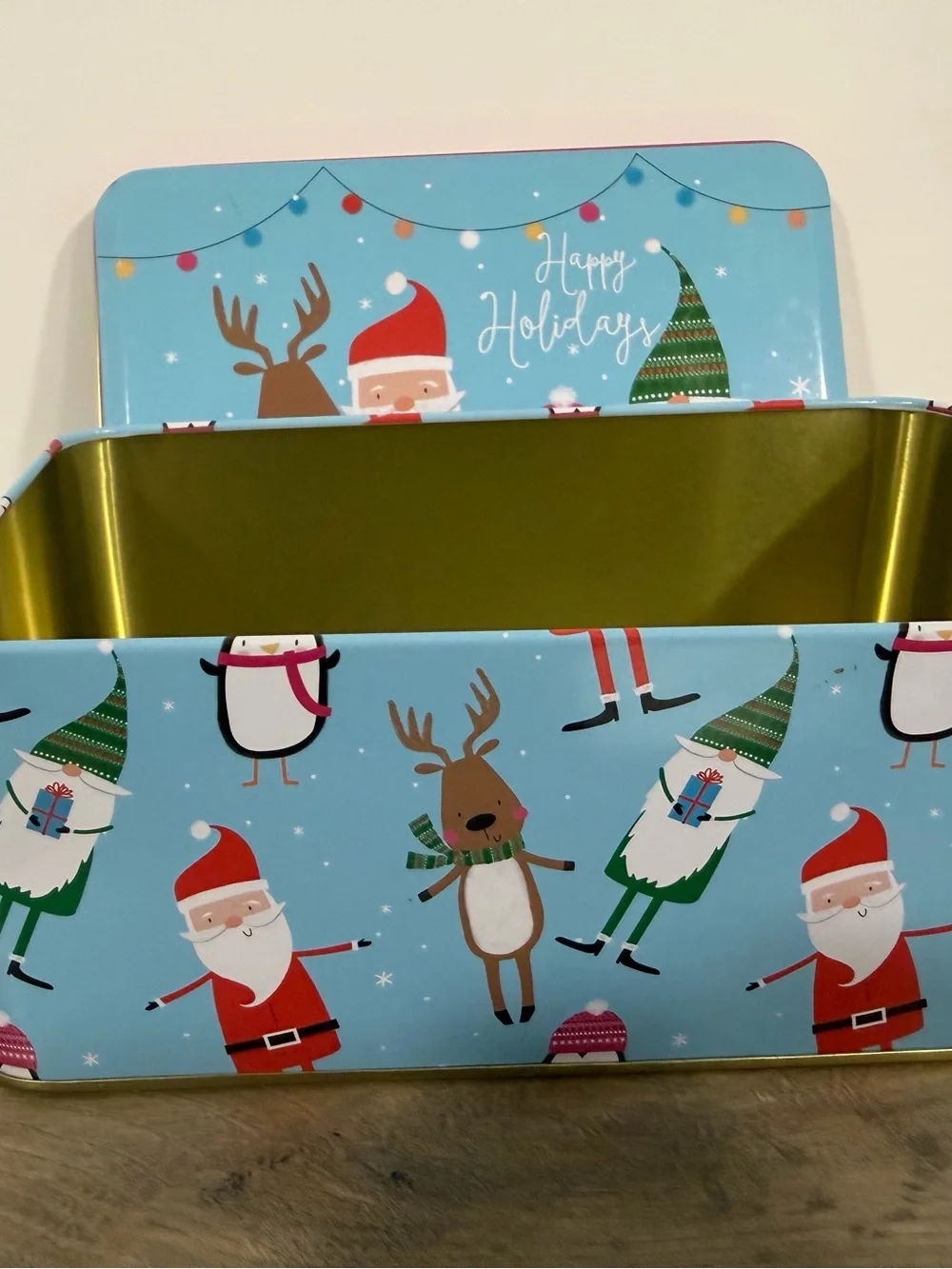 Christmas Tin Storage Box w/ Lid, Blue/Multicolor, Rectangular, Free Standing
